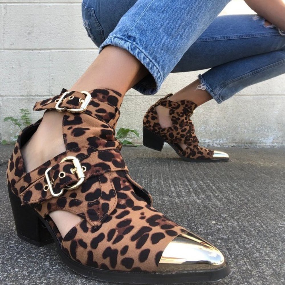 LEOPARD BUCKLED CUT OUT POINTY METAL CAP STRAPPY HEELED BOOTS